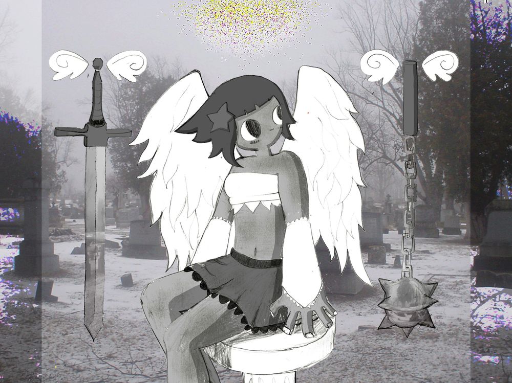 angel girl sitting on a pillar in a cemetary, background is photographic, foregoround is hand drawn