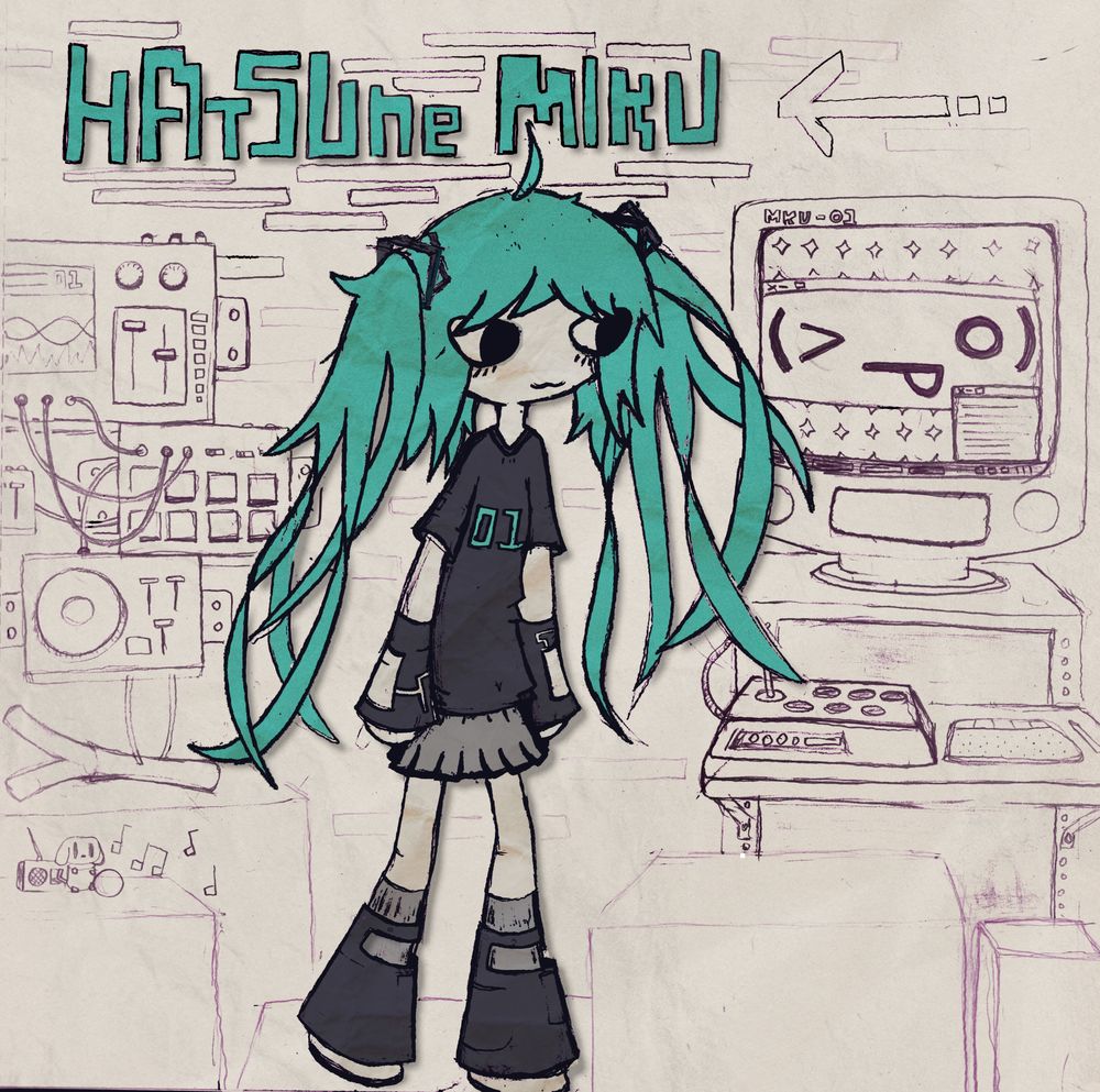 hatsune miku in front of a slightly clutered room full of electronics