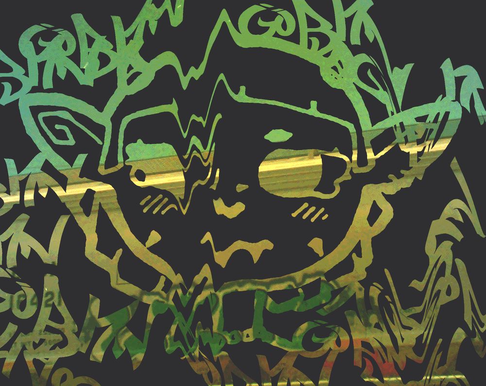 cute goblin with photobashed grafitti background